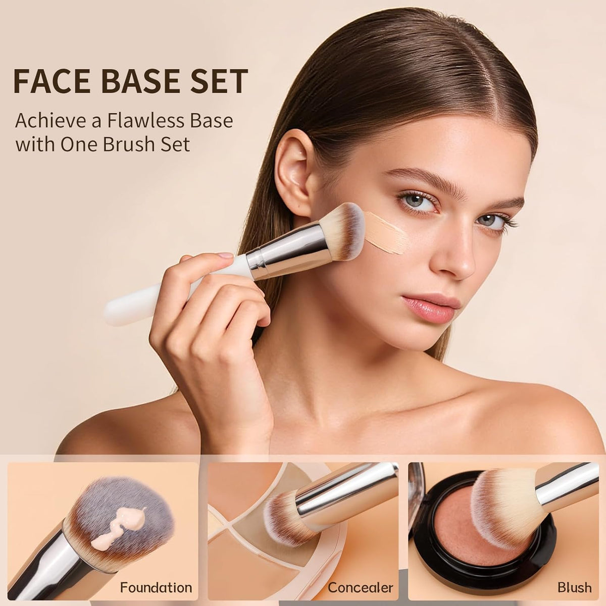 3 Pcs Foundation Contour Blush Conceal Brush Set, 3PCS Angled Synthetic Kabuki Brush for Blending Setting Buffing with Liquid, Cream and Powder Cosmetic (White)