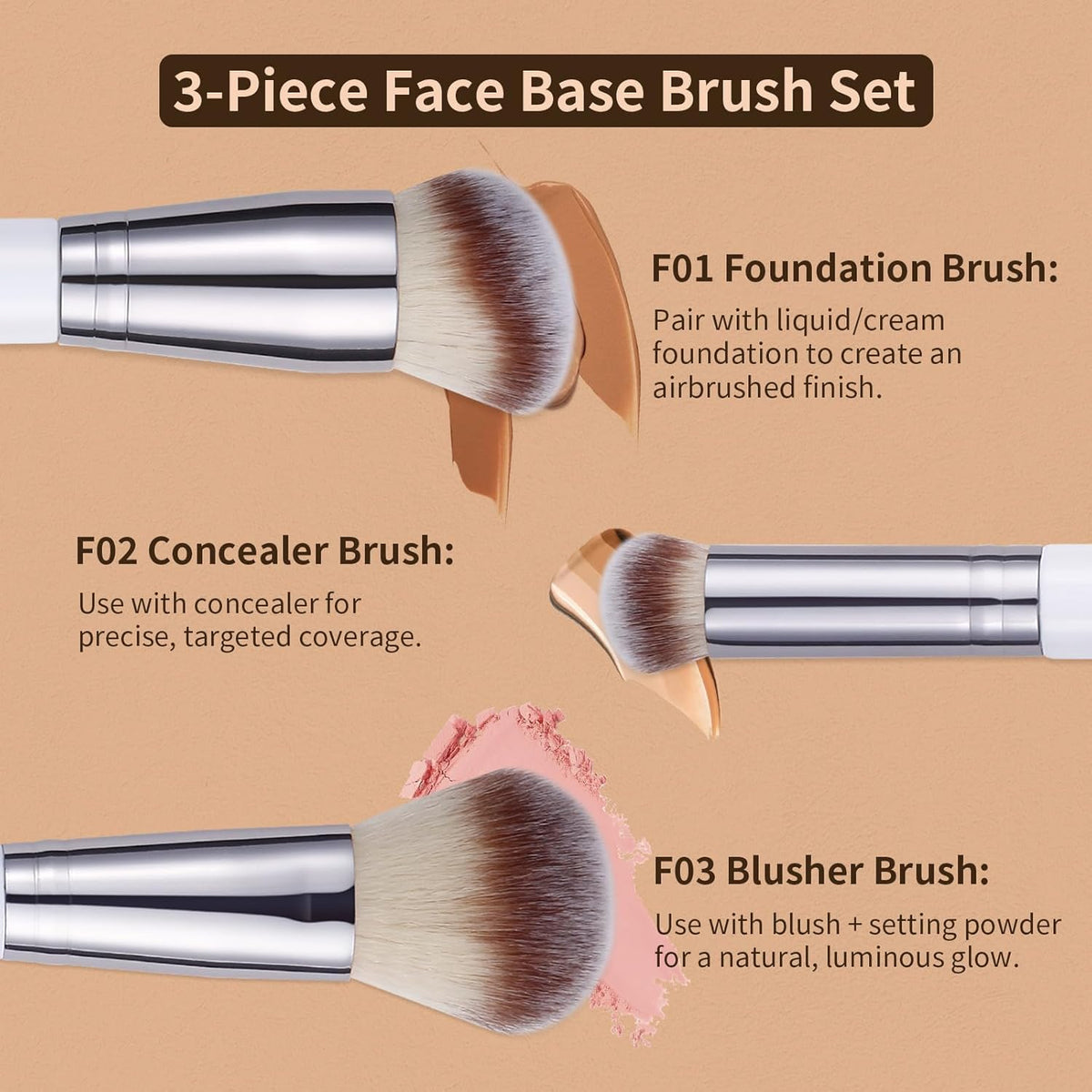 3 Pcs Foundation Contour Blush Conceal Brush Set, 3PCS Angled Synthetic Kabuki Brush for Blending Setting Buffing with Liquid, Cream and Powder Cosmetic (White)