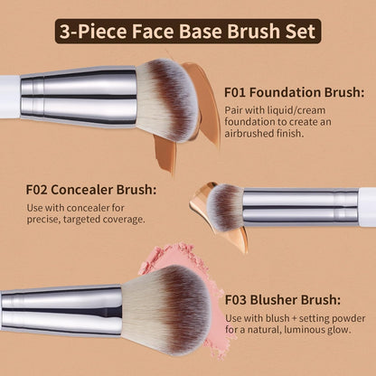 3 Pcs Foundation Contour Blush Conceal Brush Set, 3PCS Angled Synthetic Kabuki Brush for Blending Setting Buffing with Liquid, Cream and Powder Cosmetic (White)