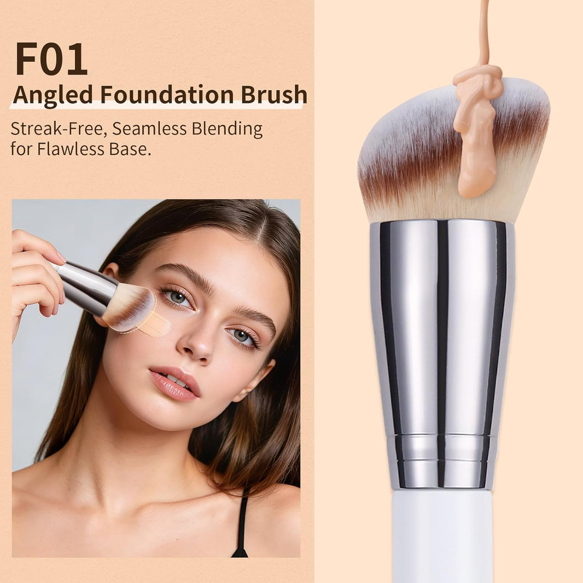 3 Pcs Foundation Contour Blush Conceal Brush Set, 3PCS Angled Synthetic Kabuki Brush for Blending Setting Buffing with Liquid, Cream and Powder Cosmetic (White)